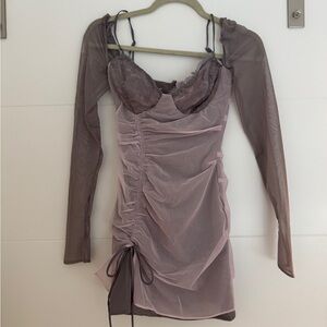 Elegant Sheer Long Sleeve Mini Dress - Purple
